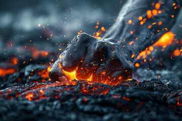 Clenched Fist Rising from Molten Lava. - obrazy, fototapety, plakaty