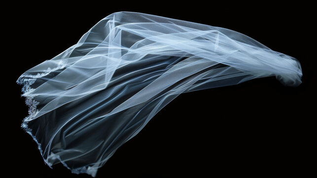 Flaying wedding white Bridal veil isolated on black background. 