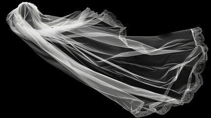 Naklejka premium Flaying wedding white Bridal veil isolated on black background. 