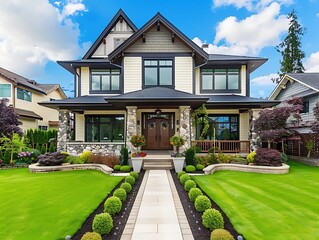 A beautiful home with large windows, front porch and ornamental railings on the entrance in an upscale neighborhood under a blue sky - obrazy, fototapety, plakaty