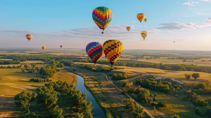 A cluster of colorful hot air balloons drifting lazily over a picturesque countryside, painting the sky with vibrant hues.
