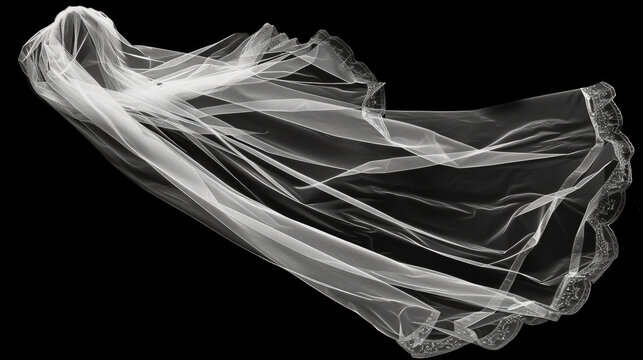 Flaying wedding white Bridal veil isolated on black background. 