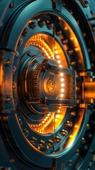 Hyper-realistic image of a secure digital vault for cryptocurrencies, illuminated by a single light source, 3D illustration
