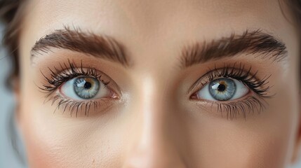 Obraz premium Close-up of two blue eyes with mascara, highlighting natural beauty.