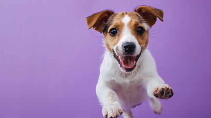 Happy playful Jack Russell Terrier dog playing on purple background