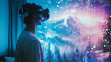 A male is in a virtual fantasy world with snow mountain forest when wearing VR headset.