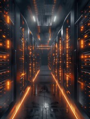 Detailed, hyper-realistic server racks with blinking lights in a data center, under dramatic, moody light, 3D illustration - obrazy, fototapety, plakaty