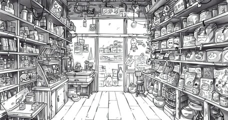 random fantasy toy store, black and white line art