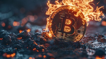 Artistic rendering of a Bitcoin consumed by fire a metaphor for financial combustion - obrazy, fototapety, plakaty