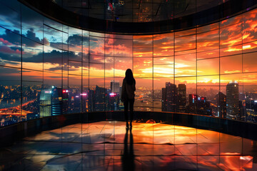 Silhouette of a person standing in a room with panoramic digital displays showing a high-tech cityscape at sunset.