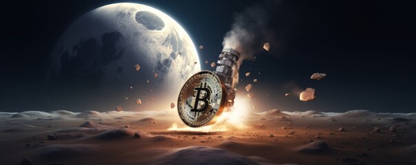 Bitcoin financial market is increasing to the moon like rocket, banner. Generative AI. - obrazy, fototapety, plakaty