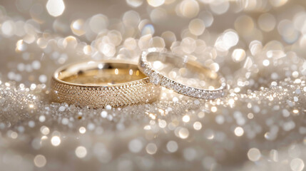 Gold and silver wedding rings rest on a glittering background.