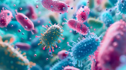 Bacteria in 3D surrounded by a pastel antimicrobial barrier visualizing their survival tactics - obrazy, fototapety, plakaty