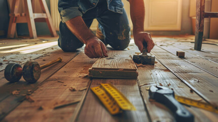 A mallet and various other tools are scattered on a new wooden floor, with a person installing tiles in the foreground. - obrazy, fototapety, plakaty