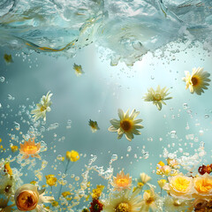 Fototapeta na wymiar Spring background with flesh colorful flowers in deep waves water.