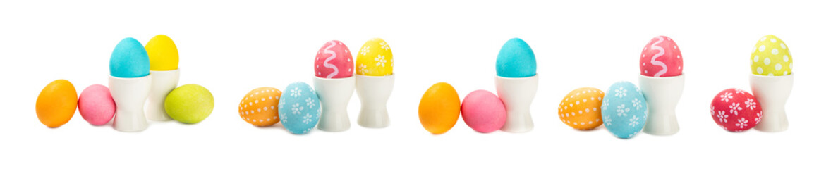 Easter eggs isolated on white background. Easter holiday concept. Handmade colorful shiny Easter eggs. Mother of pearl eggs.