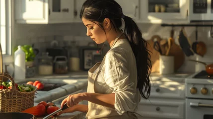 Foto op Plexiglas A woman slices vegetables in a sunlit kitchen. © Natali