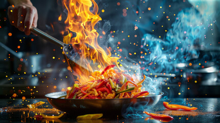 A wok with colorful stir-fry vegetables engulfs in dramatic flames. - obrazy, fototapety, plakaty