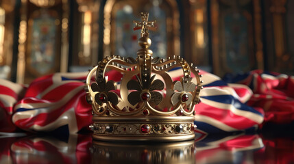 3d golden crown and British flag, illustration, monarchy, coronation, Great Britain, drawing, jewel, gold, symbol, power, king, queen, kingdom, greatness, heraldic, royal, united kingdom, union jack - obrazy, fototapety, plakaty
