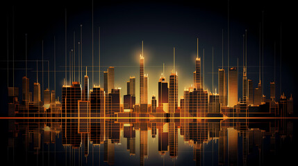 market stock graph and information with city light and electricity and energy facility industry and business background