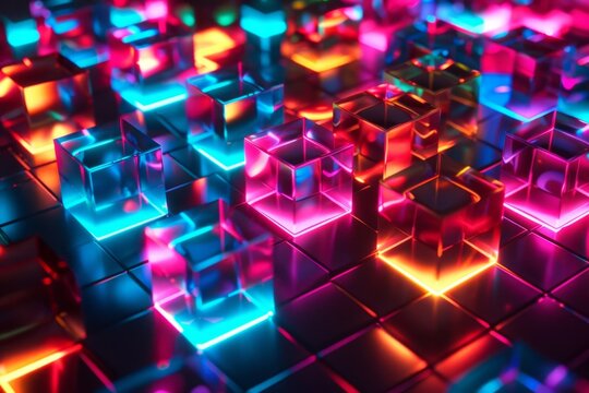 Mesmerizing Geometric Interplay of Luminous Cubes in a Vibrant Digital Realm