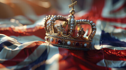 3d golden crown and British flag, illustration, monarchy, coronation, Great Britain, drawing, jewel, gold, symbol, power, king, queen, kingdom, greatness, heraldic, royal, united kingdom, union jack - obrazy, fototapety, plakaty