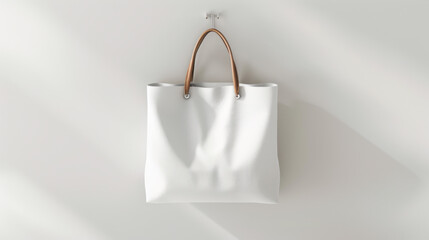 A white shopping bag with leather handles hangs against a textured beige wall. - obrazy, fototapety, plakaty