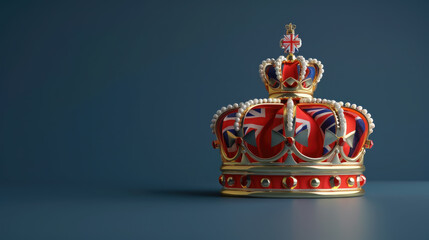 3d golden crown and British flag on a blue background, illustration, monarchy, coronation, Great Britain, drawing, jewel, gold, symbol, power, king, queen, kingdom, greatness, heraldic, royal - obrazy, fototapety, plakaty