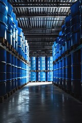 Rows of blue industrial barrels stored in a warehouse. Barrel haven, rows of industrial storage.