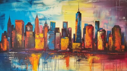 Oil painting of a big city skyline - obrazy, fototapety, plakaty