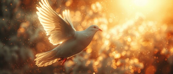 From the sky, a bird known as the Holy Spirit soars, a bright light shines from heaven, and a white dove descends as a symbol of love and peace. - obrazy, fototapety, plakaty