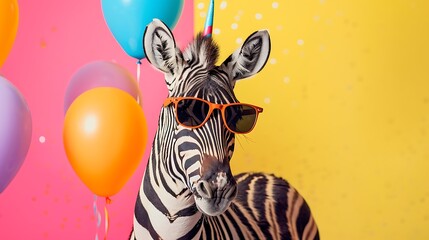 party zebra wearing sunglasses on colored background