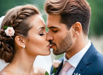 a bride and groom kissing each other outside in the sun light of the day