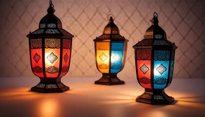 Two traditional Arabic lanterns lit up for celebrating the Holy Month of Ramadan stock photo