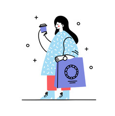 Obraz premium Woman walk and coffe drink set. Busy employees character drinking coffee. Young woman rush to work.Busy human is late concept. Cartoon flat vector collection isolated on white background