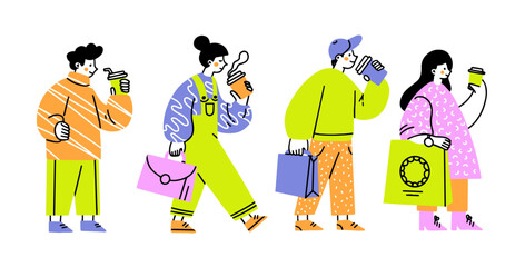 People walk and coffe drink set. Busy employees characters drinking coffee. Young men and women rush to work.Busy people are late concept. Cartoon flat vector collection isolated on white background