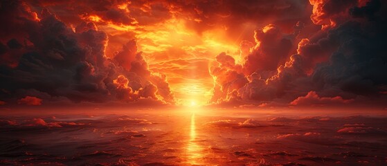 There is a dramatic religious background with bright lights from heaven, a burning doorway in a red sky, the path to hell, the way to hell, heaven and hell, and other images.