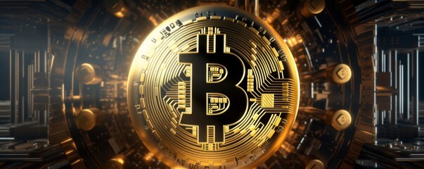 Bitcoin symbol safe lock in financial data processing, banner. Generative AI.