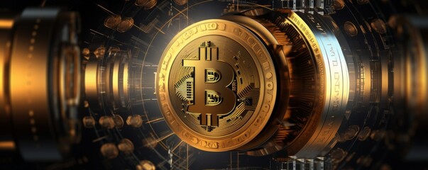 Bitcoin symbol safe lock in financial data processing, banner. Generative AI.