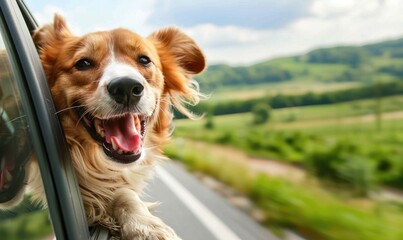 Happy dog enjoying car ride at sunset