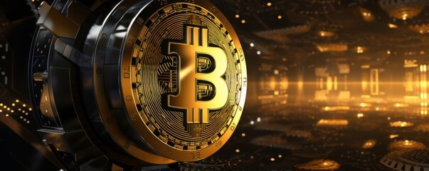 Bitcoin symbol safe lock in financial data processing, banner. Generative AI.