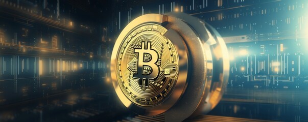 Bitcoin symbol safe lock in financial data processing, banner. Generative AI.