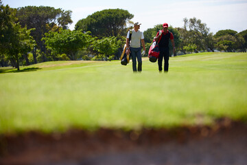 Walking, course and people outdoor for golf, game and training together at club in summer. Golfer,...