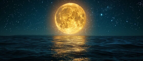 that include a night sky with the full moon and its reflection in the sea, falling stars, and a glowing horizon.