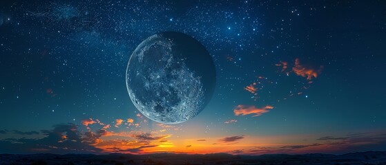 A beautiful background image with a new moon in a dark blue sky with stars, a glowing sunset cloud formation