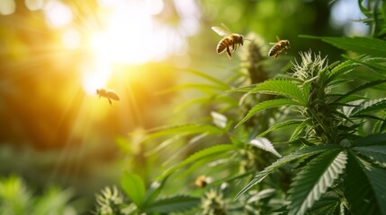 Bees and cannabis plant growing in outdoor field in a large plantation farm. - obrazy, fototapety, plakaty