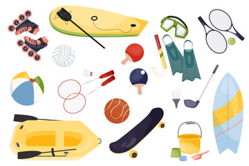 A set of sports equipment for summer sports. Illustrations of sports equipment in flat style.