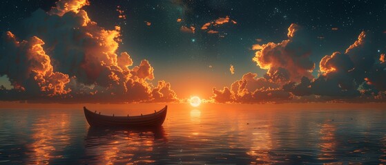 sunset over the ocean and a lonely boat - obrazy, fototapety, plakaty