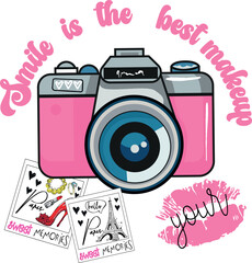typographic graphic print with camera and photos. Vector illustration for girls, prints for t-shirts, cards and more
