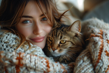 A beautiful brunette girl in a wool knitted blanket hugs a gray striped cat and smiles